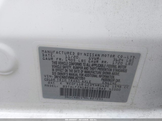 45856307 :رقم المزاد ، 3N1CN8EV9ML827251 vin ، 2021 Nissan Versa Sv Xtronic Cvt مزاد بيع