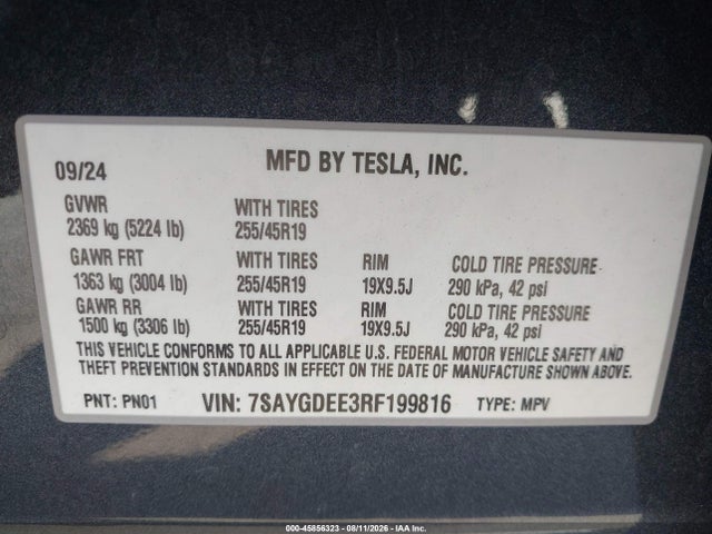 2024 Tesla Model Y Long Range Dual Motor All-wheel Drive მანქანა იყიდება აუქციონზე, vin: 7SAYGDEE3RF199816, აუქციონის ნომერი: 45856323