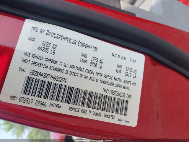 45856325 :رقم المزاد ، 2B3KA43R77H895274 vin ، 2007 Dodge Charger Se/sxt مزاد بيع