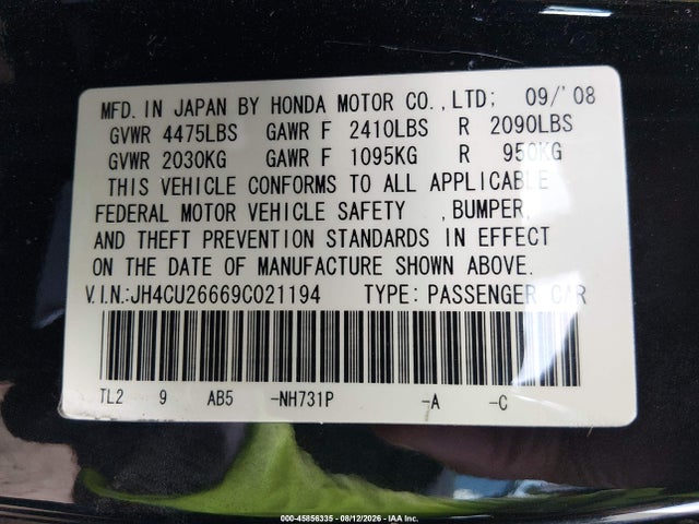 45856335 :رقم المزاد ، JH4CU26669C021194 vin ، 2009 Acura Tsx مزاد بيع