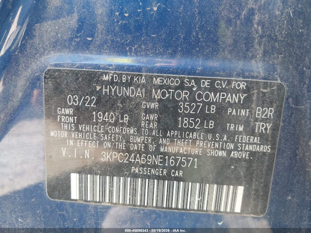 Продаж на аукціоні авто 2022 Hyundai Accent Se, vin: 3KPC24A69NE167571, номер лоту: 45856343