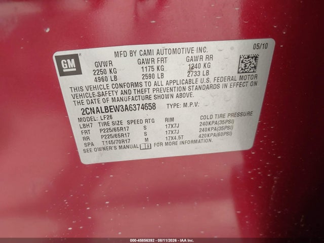 Auction sale of the 2010 Chevrolet Equinox Ls, vin: 2CNALBEW3A6374658, lot number: 45856392