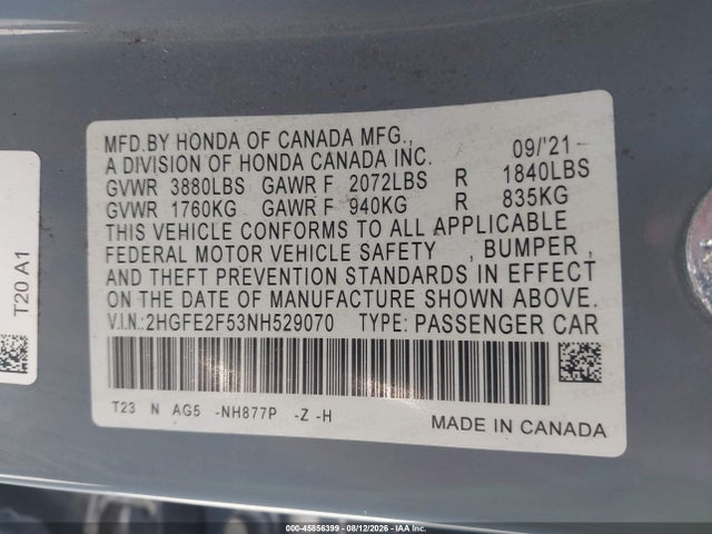 2022 Honda Civic Sport მანქანა იყიდება აუქციონზე, vin: 2HGFE2F53NH529070, აუქციონის ნომერი: 45856399