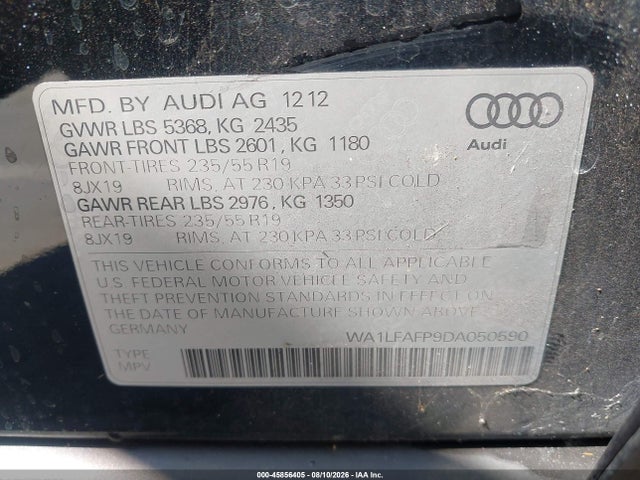 Продаж на аукціоні авто 2013 Audi Q5 2.0t Premium, vin: WA1LFAFP9DA050590, номер лоту: 45856405