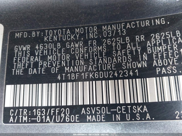 2013 Toyota Camry Se მანქანა იყიდება აუქციონზე, vin: 4T1BF1FK6DU242341, აუქციონის ნომერი: 45856414