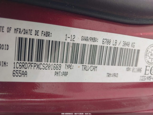 45856432 :رقم المزاد ، 1C6RD7FPXCS201669 vin ، 2012 Ram 1500 St مزاد بيع