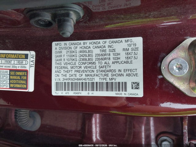 Продаж на аукціоні авто 2019 Honda Cr-v Ex-l, vin: 2HKRW2H84KH675321, номер лоту: 45856435