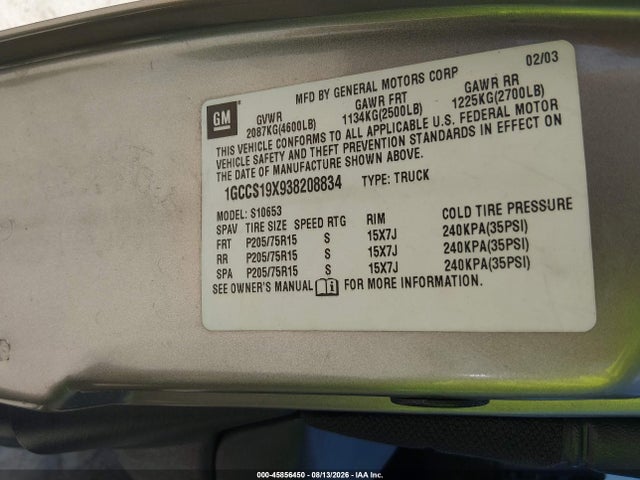 2003 Chevrolet S-10 Ls მანქანა იყიდება აუქციონზე, vin: 1GCCS19X938208834, აუქციონის ნომერი: 45856450