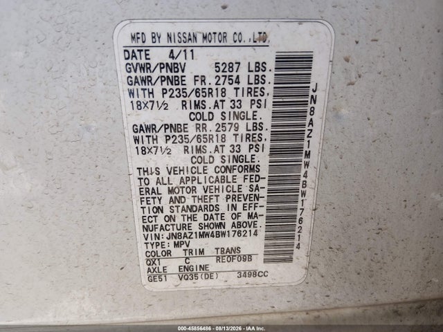 45856486 :رقم المزاد ، JN8AZ1MW4BW176214 vin ، 2011 Nissan Murano Sl مزاد بيع