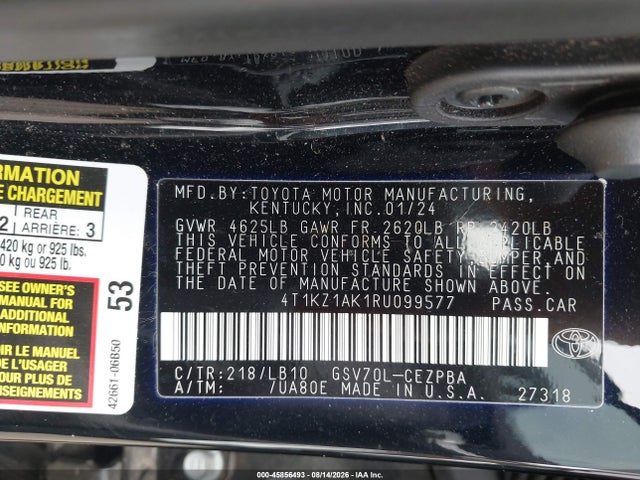 45856493 :رقم المزاد ، 4T1KZ1AK1RU099577 vin ، 2024 Toyota Camry Xse V6 مزاد بيع