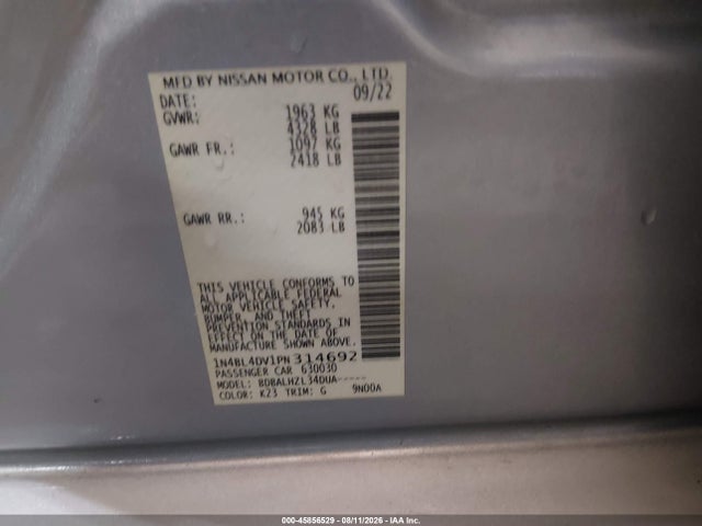 Продаж на аукціоні авто 2023 Nissan Altima Sv Fwd, vin: 1N4BL4DV1PN314692, номер лоту: 45856529