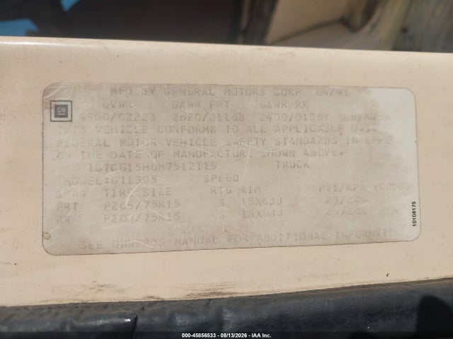 1991 Gmc Vandura G1500 მანქანა იყიდება აუქციონზე, vin: 1GTCG15H8M7512115, აუქციონის ნომერი: 45856533