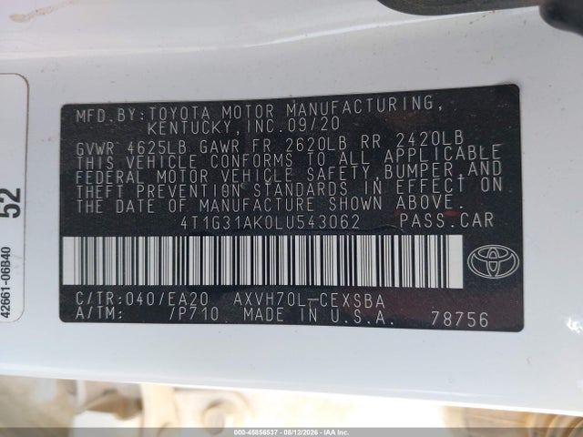 45856537 :رقم المزاد ، 4T1G31AK0LU543062 vin ، 2020 Toyota Camry Se Hybrid مزاد بيع