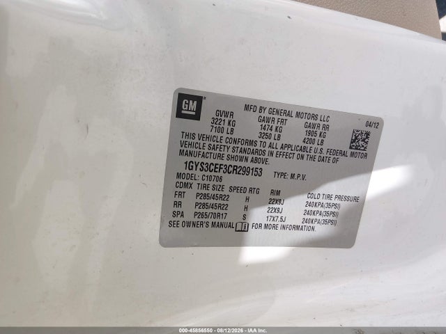2012 Cadillac Escalade Premium მანქანა იყიდება აუქციონზე, vin: 1GYS3CEF3CR299153, აუქციონის ნომერი: 45856550