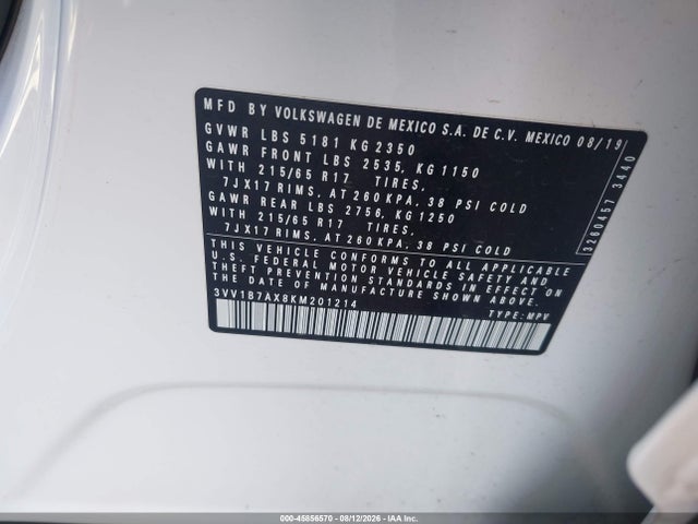 Продаж на аукціоні авто 2019 Volkswagen Tiguan 2.0t S, vin: 3VV1B7AX8KM201214, номер лоту: 45856570