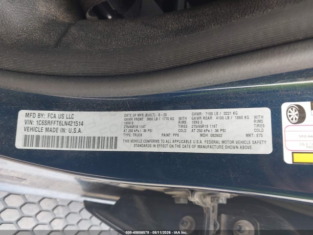 Продаж на аукціоні авто 2020 Ram 1500 Big Horn  4x4 5'7 Box, vin: 1C6SRFFT6LN421514, номер лоту: 45856578