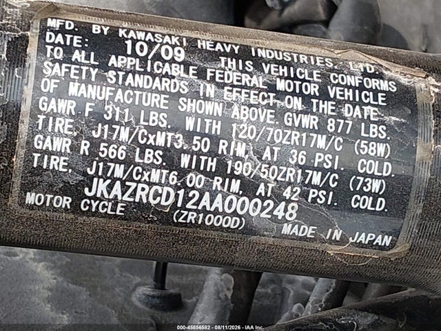 2010 Kawasaki Zr1000 D მანქანა იყიდება აუქციონზე, vin: JKAZRCD12AA000248, აუქციონის ნომერი: 45856582