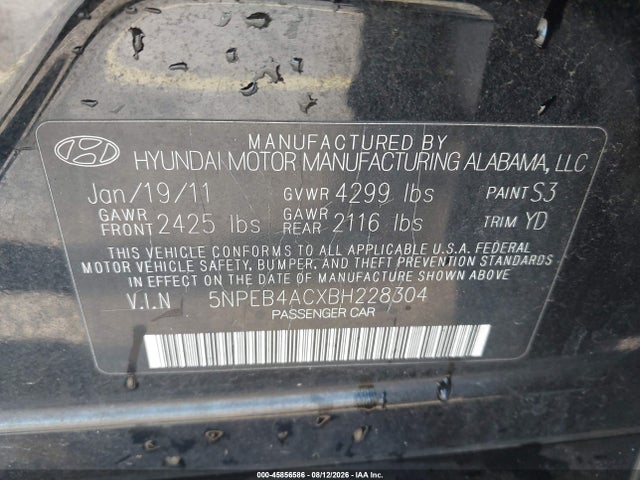 Продаж на аукціоні авто 2011 Hyundai Sonata Gls, vin: 5NPEB4ACXBH228304, номер лоту: 45856586