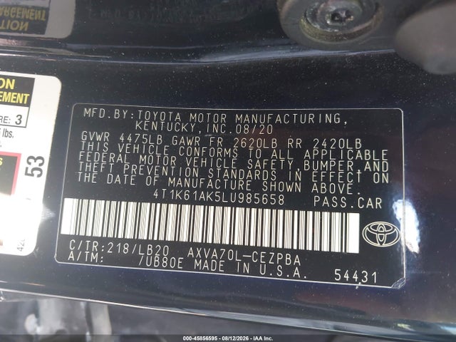 Aukcja sprzedaży 2020 Toyota Camry Xse, vin: 4T1K61AK5LU985658, numer aukcji: 45856595