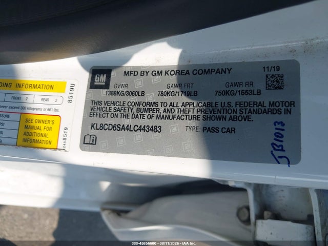 2020 Chevrolet Spark Fwd 1lt Automatic მანქანა იყიდება აუქციონზე, vin: KL8CD6SA4LC443483, აუქციონის ნომერი: 45856600
