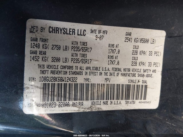 45856623 :رقم المزاد ، 1D8GU28K68W124322 vin ، 2008 Dodge Nitro Sxt مزاد بيع