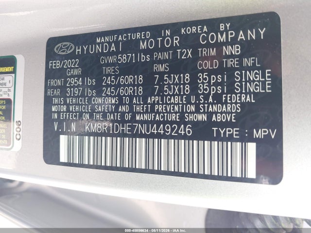 Продажа на аукционе авто 2022 Hyundai Palisade Se, vin: KM8R1DHE7NU449246, номер лота: 45856634