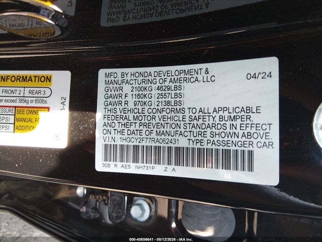 45856641 :رقم المزاد ، 1HGCY2F77RA062431 vin ، 2024 Honda Accord Hybrid Sport-l مزاد بيع