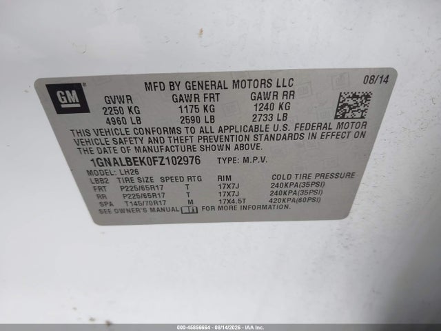 Chevrolet EQUINOX LT 2015 1GNALBEK0FZ102976 Image 9