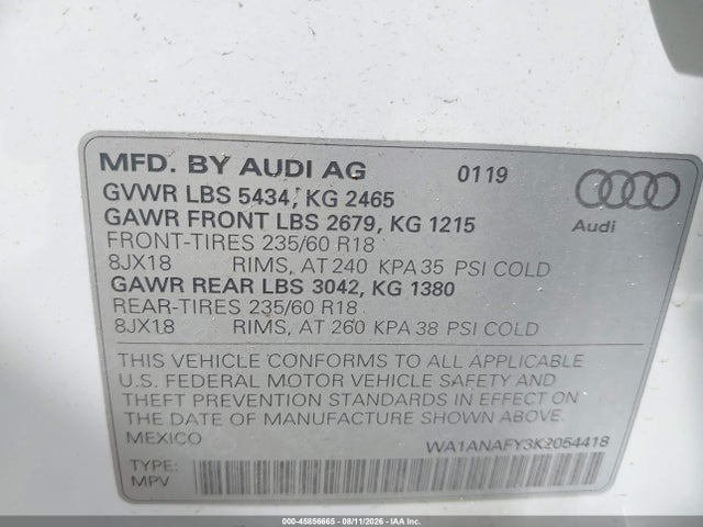 Продаж на аукціоні авто 2019 Audi Q5 Premium, vin: WA1ANAFY3K2054418, номер лоту: 45856665