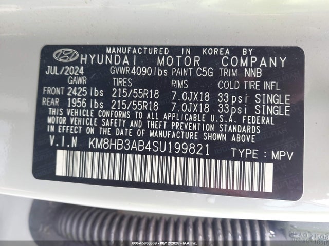 Aukcja sprzedaży 2025 Hyundai Kona Sel, vin: KM8HB3AB4SU199821, numer aukcji: 45856669