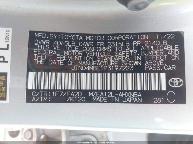 Aukcja sprzedaży 2023 Toyota Corolla Se, vin: JTND4MBE1P3197223, numer aukcji: 45856686