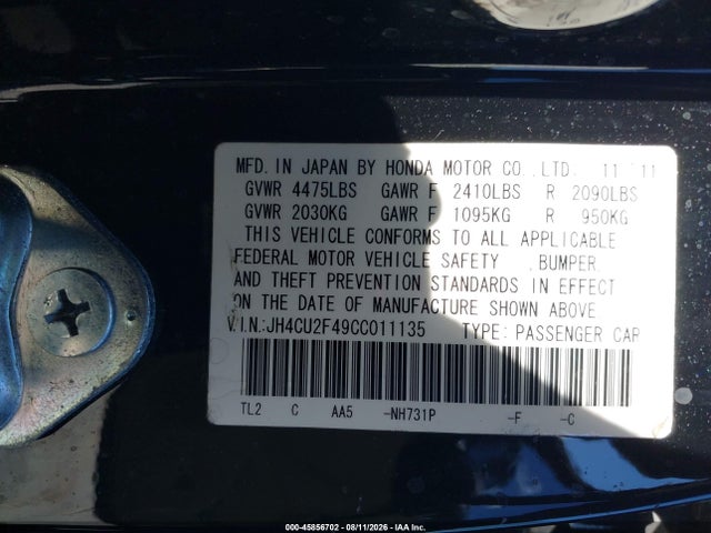 Продажа на аукционе авто 2012 Acura Tsx 2.4, vin: JH4CU2F49CC011135, номер лота: 45856702