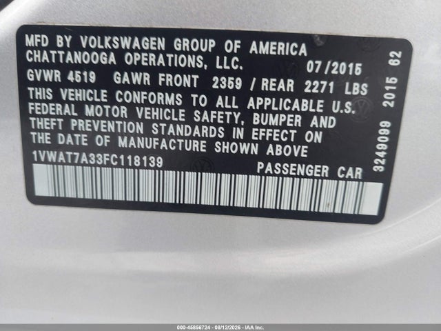 Продаж на аукціоні авто 2015 Volkswagen Passat 1.8t Limited Edition, vin: 1VWAT7A33FC118139, номер лоту: 45856724