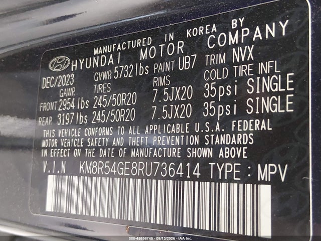 2024 Hyundai Palisade Limited მანქანა იყიდება აუქციონზე, vin: KM8R54GE8RU736414, აუქციონის ნომერი: 45856745