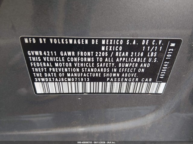 45856753 :رقم المزاد ، 3VWDX7AJ8CM071913 vin ، 2012 Volkswagen Jetta 2.5l Se مزاد بيع