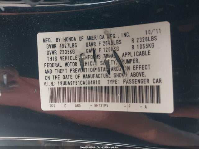 45856758 :رقم المزاد ، 19UUA9F51CA004810 vin ، 2012 Acura Tl 3.7 مزاد بيع