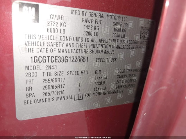 2016 Chevrolet Colorado 4wd Lt მანქანა იყიდება აუქციონზე, vin: 1GCGTCE39G1226651, აუქციონის ნომერი: 45856762