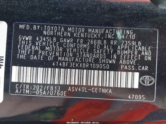 45856767 :رقم المزاد ، 4T4BF3EKXBR109050 vin ، 2011 Toyota Camry Le مزاد بيع