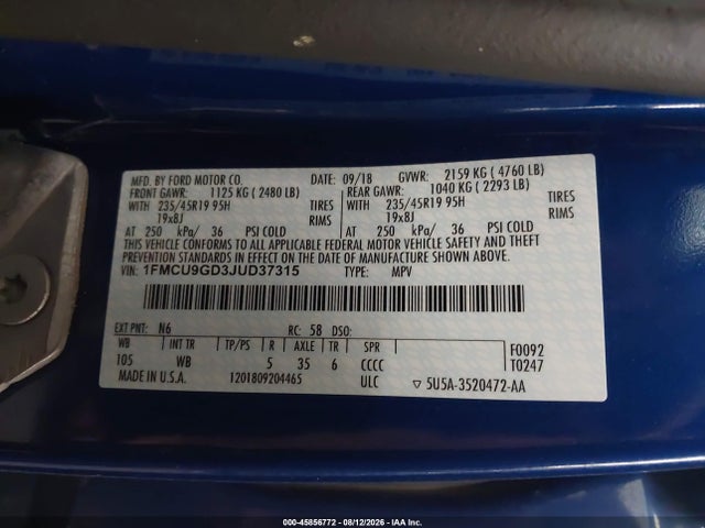 Продажа на аукционе авто 2018 Ford Escape Se, vin: 1FMCU9GD3JUD37315, номер лота: 45856772