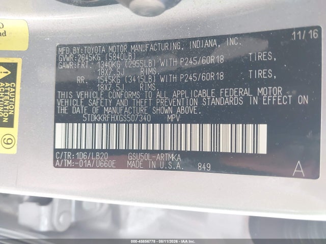 45856778 :رقم المزاد ، 5TDKKRFHXGS507340 vin ، 2016 Toyota Highlander Xle V6 مزاد بيع