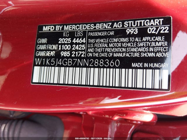Aukcja sprzedaży 2022 Mercedes-benz Cla 250 Coupe, vin: W1K5J4GB7NN288360, numer aukcji: 45856792