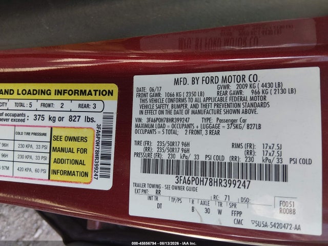 Ford FUSION SE 2017 3FA6P0H78HR399247 Image 9