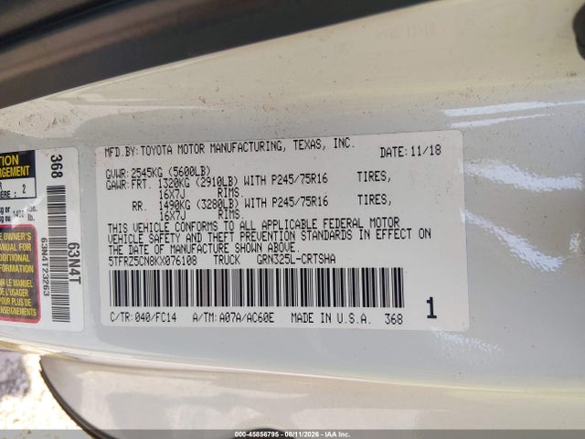 2019 Toyota Tacoma Sr5 V6 მანქანა იყიდება აუქციონზე, vin: 5TFRZ5CN8KX076108, აუქციონის ნომერი: 45856795