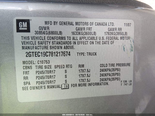 2008 Gmc Sierra 1500 Sle1 მანქანა იყიდება აუქციონზე, vin: 2GTEC19C781217674, აუქციონის ნომერი: 45856810