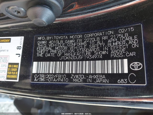 JTDKN3DU5F1934974 Toyota Prius Three