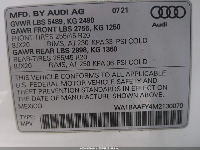 2021 Audi Q5 Premium Plus 45 Tfsi Quattro S Tronic მანქანა იყიდება აუქციონზე, vin: WA1BAAFY4M2130070, აუქციონის ნომერი: 45856814
