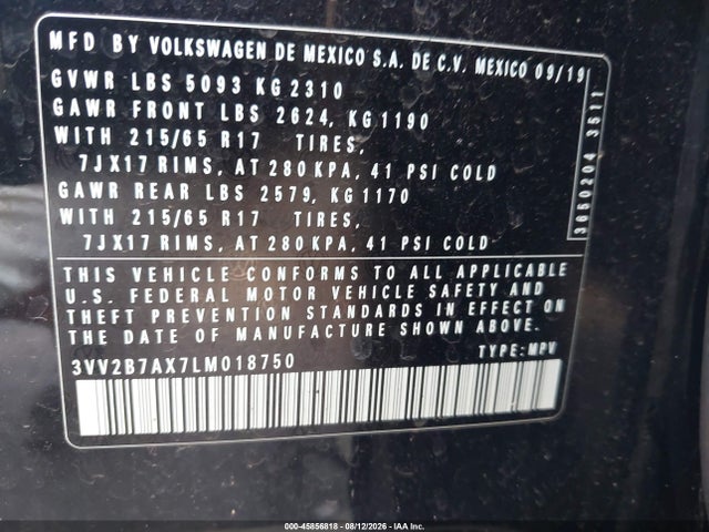 2020 Volkswagen Tiguan 2.0t Se/2.0t Se R-line Black/2.0t Sel მანქანა იყიდება აუქციონზე, vin: 3VV2B7AX7LM018750, აუქციონის ნომერი: 45856818