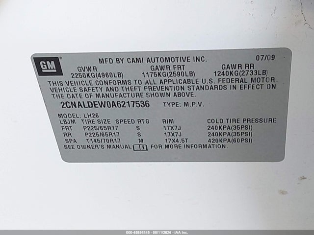 Продаж на аукціоні авто 2010 Chevrolet Equinox Lt, vin: 2CNALDEW0A6217536, номер лоту: 45856845