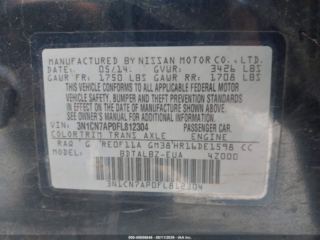 45856846 :رقم المزاد ، 3N1CN7AP0FL812304 vin ، 2015 Nissan Versa 1.6 S/1.6 S+/1.6 Sl/1.6 Sv مزاد بيع
