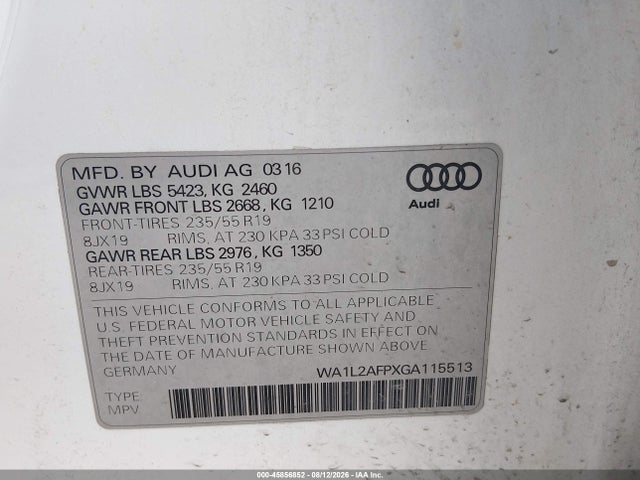 45856852 :رقم المزاد ، WA1L2AFPXGA115513 vin ، 2016 Audi Q5 2.0t Premium مزاد بيع
